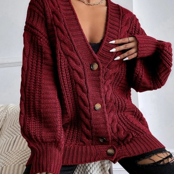 Sweaters - Burgundy Womens button down Cable Knit Cardigan